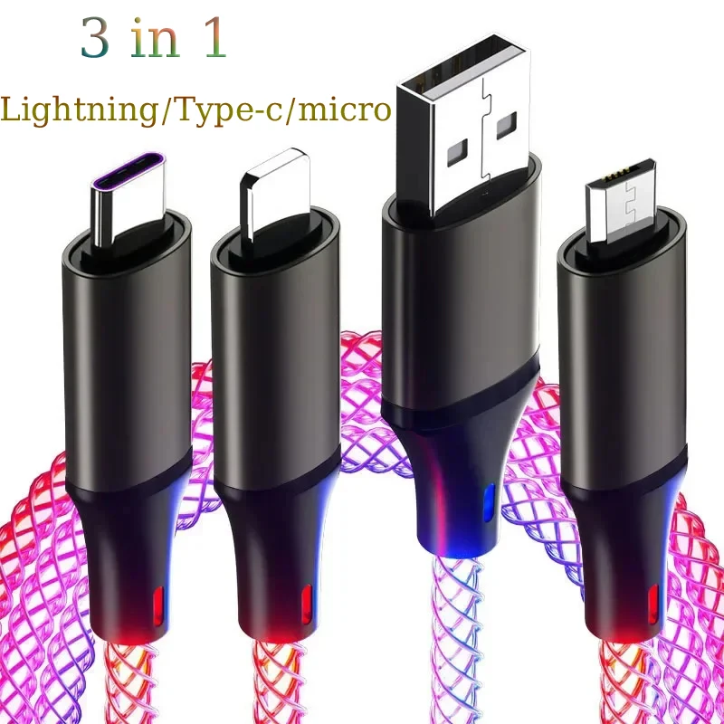 3 في 1 66 واط 6A كابل شحن سريع RGB ضوء USB نوع C م...