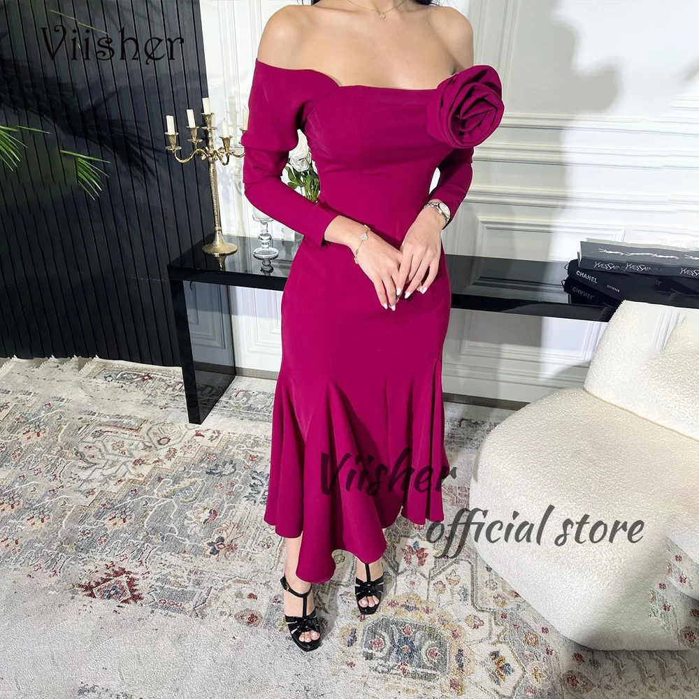 

Viisher Purple Mermaid Evening Dresses Off Shoulder 3/4 Sleeve Prom Party Dress Arabian Dubai Formal Occasion Gowns Ankle Length