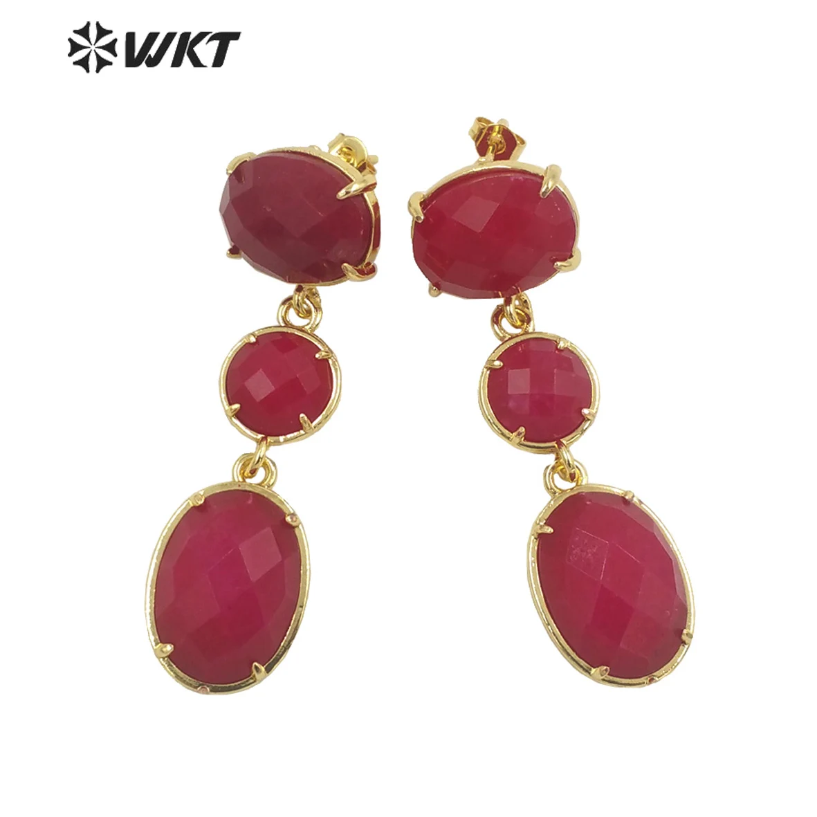 WT-E690 Amazing Gorgeous Fashion Triple Stone Earrings Precious 18k Real Gold Plated Resist Tarnish Prong Setting Dangle Studs