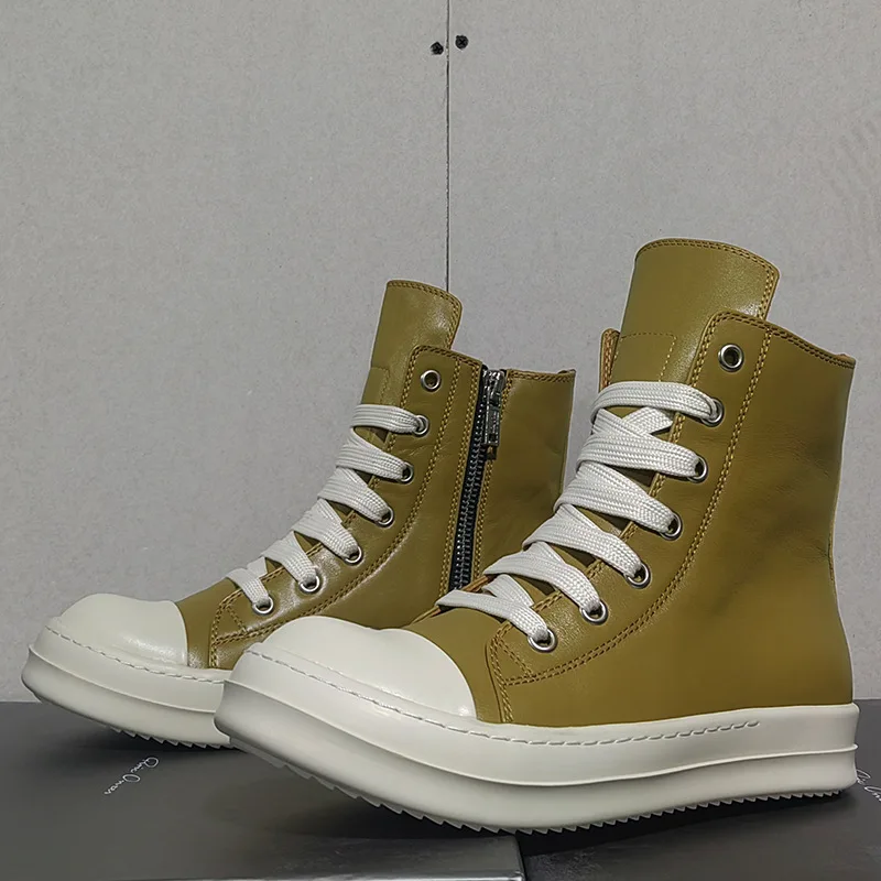 High Quality Fashion Thick Sole Design Casual Boots Luxury Yellow Original Sheepskin Famous Lacing Zip Brand High End Men Shoes 1