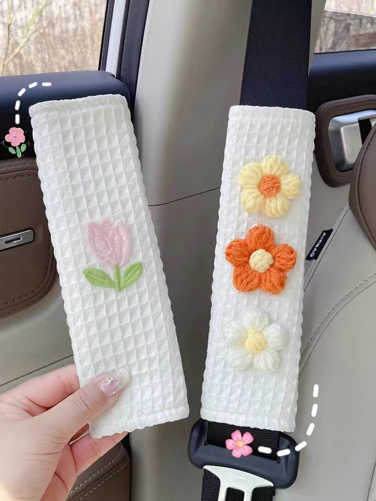 

Car Seat Belt Shoulder Cover Cute Tulip Small Fresh Flowers Four Seasons Car Insurance Belt Cover Interior Car Accessories