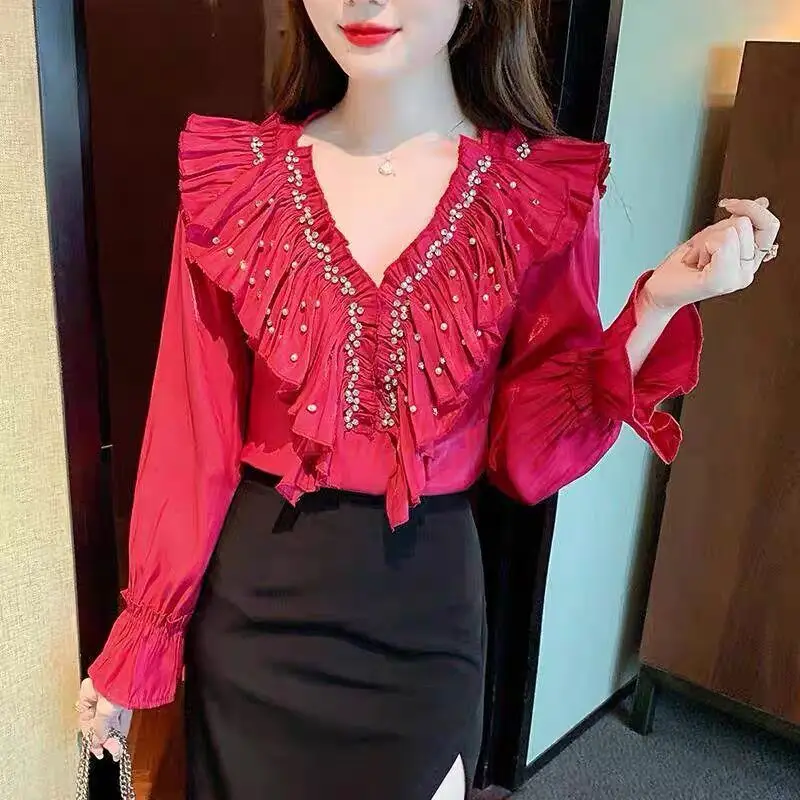 Beaded Steampunk Gothic Tops Women Korean Fashion Blouse Ruffles V Neck Shirts Party Club Streetwear Chic Tops goth dark gothic short blouse women lace wrap design high neck crop top 2023 new