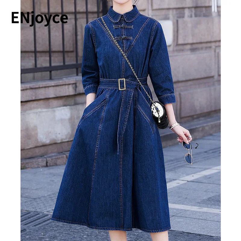 

Женское джинсовое платье с отложным воротником ENjoyce, винтажное повседневное ТРАПЕЦИЕВИДНОЕ ПЛАТЬЕ средней длины с юбкой, одежда для улицы на весну и осень