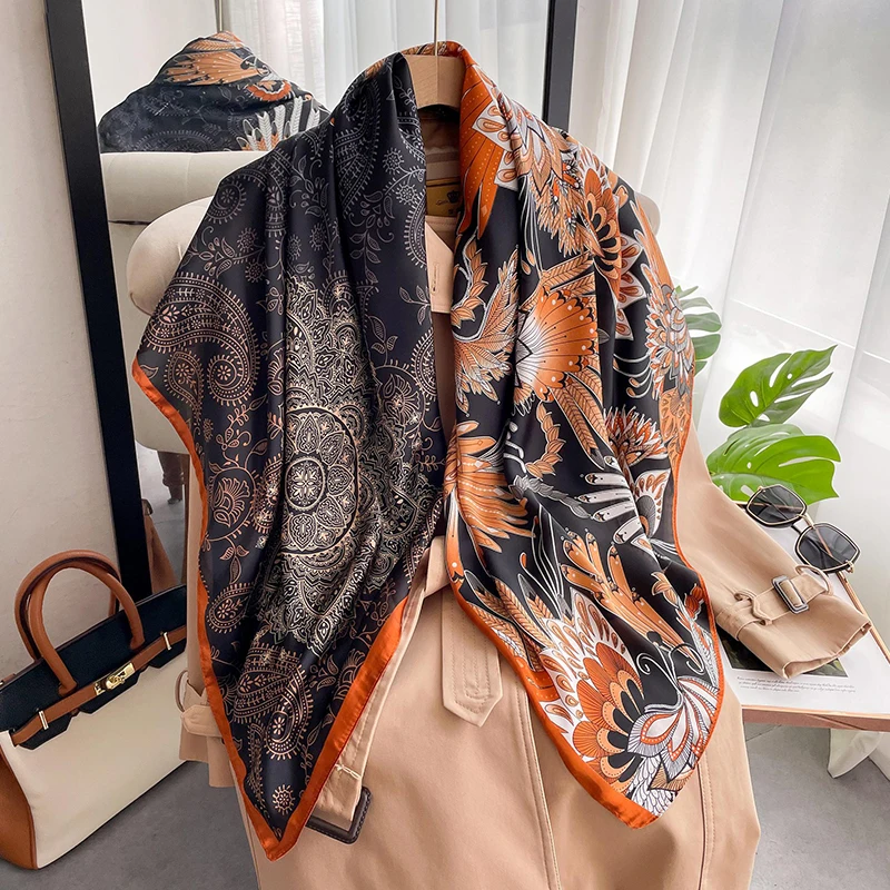 

Spring Autumn Ladies Fashion Paisley Printed Imitated Silk 110x110cm Travel Beach Shawl Square Floulard Hijab Scarf