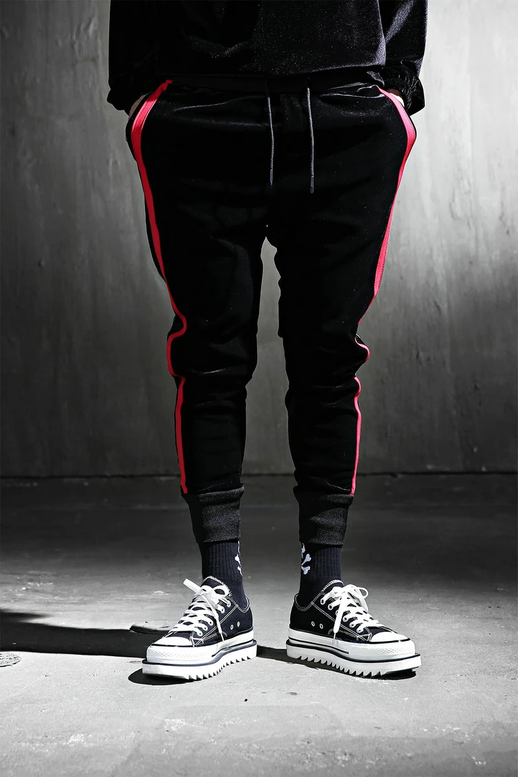 Big fashion men's new striped lace up legging trend casual pants men's and women's sports pants elastic waist