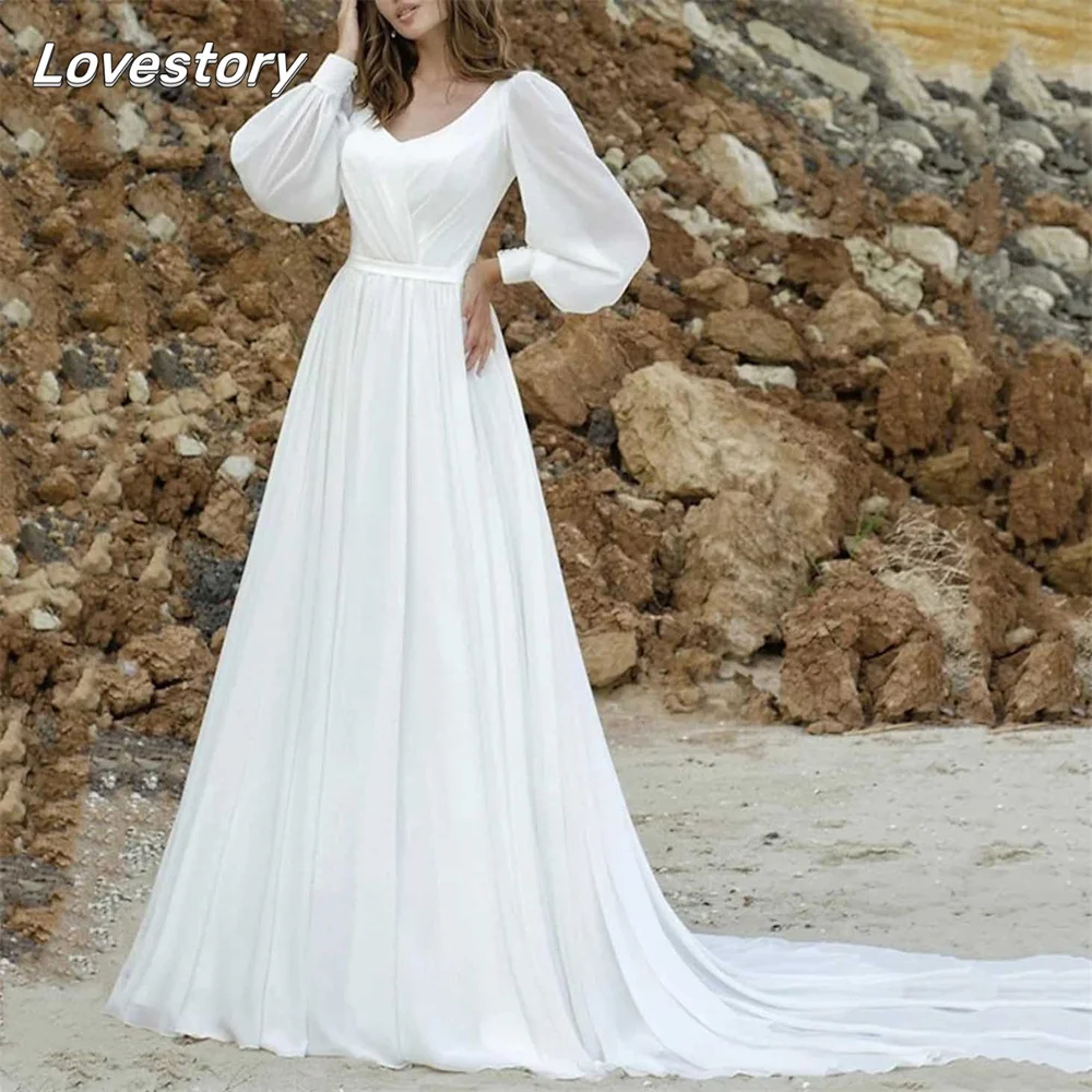

Simple A-Line Wedding Dresses V Neck Long Puff Sleeves Charming Backless Bridal Gowns Sexy Lace-Up Bride Robes Vestidos De Novia
