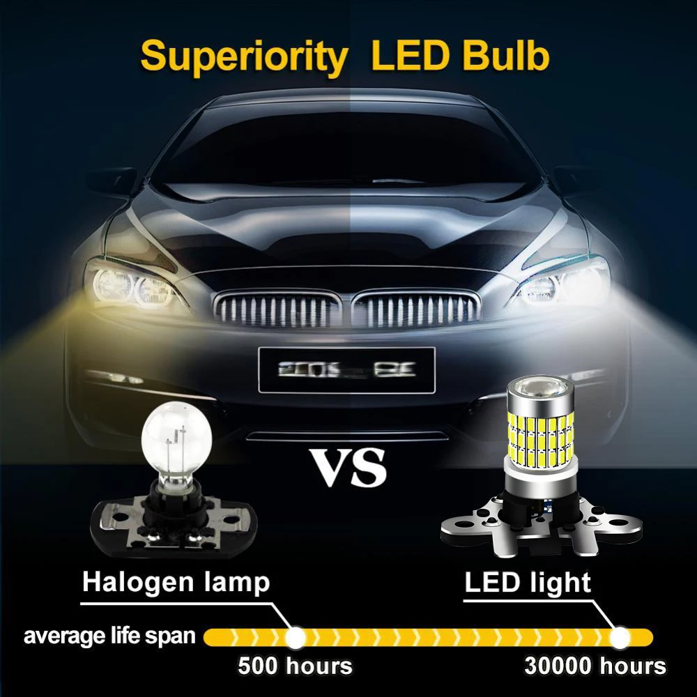 2PCS PH19W LED 안개등 6000k 화이트 12-24V 비극성 3014 57SMD 자동차 전구 빠른 열 방출 역방향 조명.