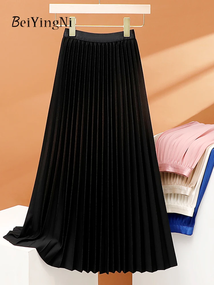 Beiyingni Black Long Pleated Skirt Ladies Solid Color Korean High Street Fall Fashion A-line Elegant Skirts for Women Chic Saias 6