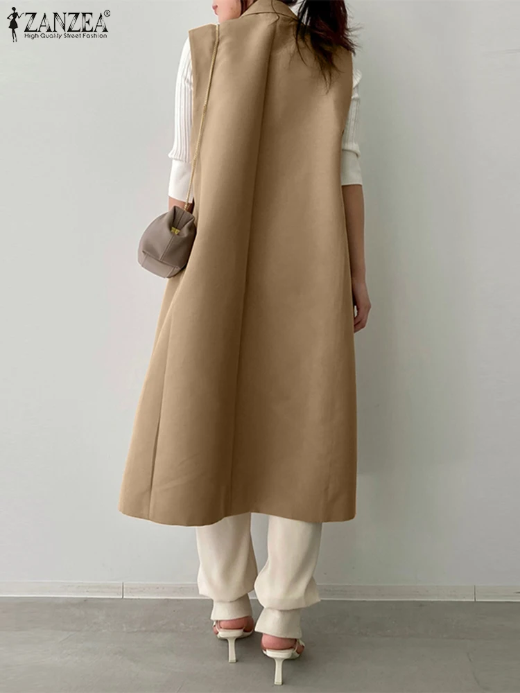 Women Long Tank Blazer Office Lady Lapel Collar Outwears ZANZEA Fashion Summer Pockets Jackets Holiday 2024 Sleeveless Blazer