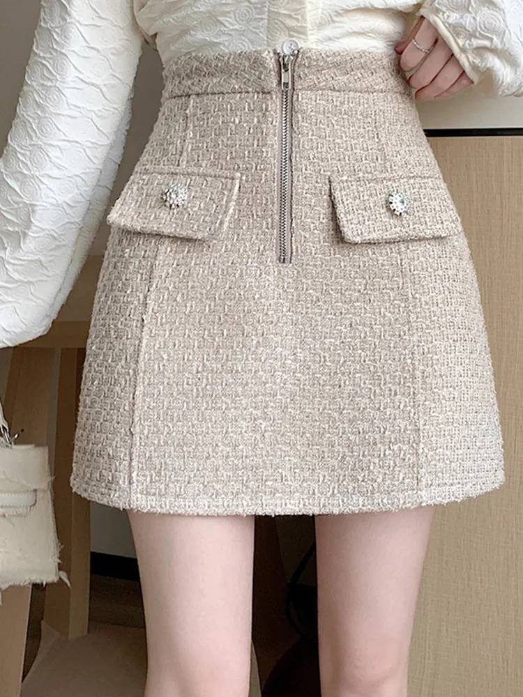 

New Fashion Temperament Zipper A-Line Tweed For Women Autumn Winter Small Fragrance Versatile Woolen Skirt