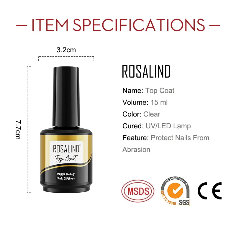 ROSALIND 15ml Top Coat Nail Gel Polish UV LED Lamp Soak Off Top Coat Long Lasting Nail Art Gel Hybrid Varnishes For Manicure