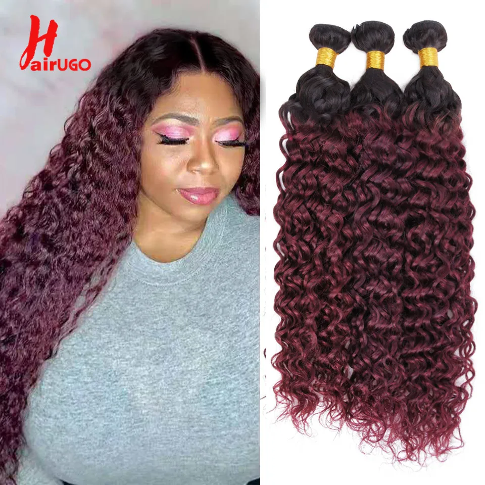 Human Hair Extensions Human Hair Bundles HairUGo Malaysian 99J Water Wave Hair Bundles Remy Hair Ombre 1/3/4 Bundle Water Wave Red Weaving