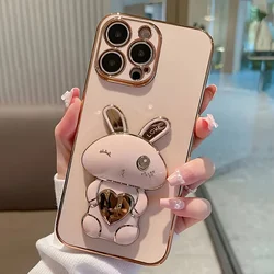 Sleek Electroplated Rabbit Stand Protective Phone Case - iPhone 15 Plus (Pink)