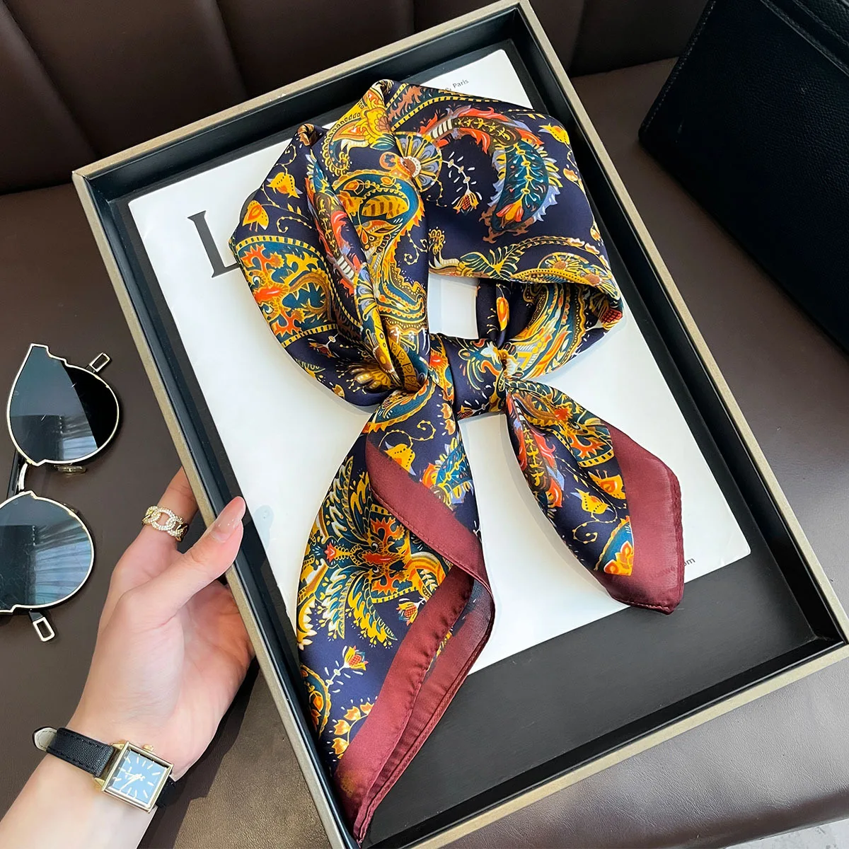 Yellow Lemon Print Square Silk Scarf - Fashionable Neck Tie & Decorative Neckerchief