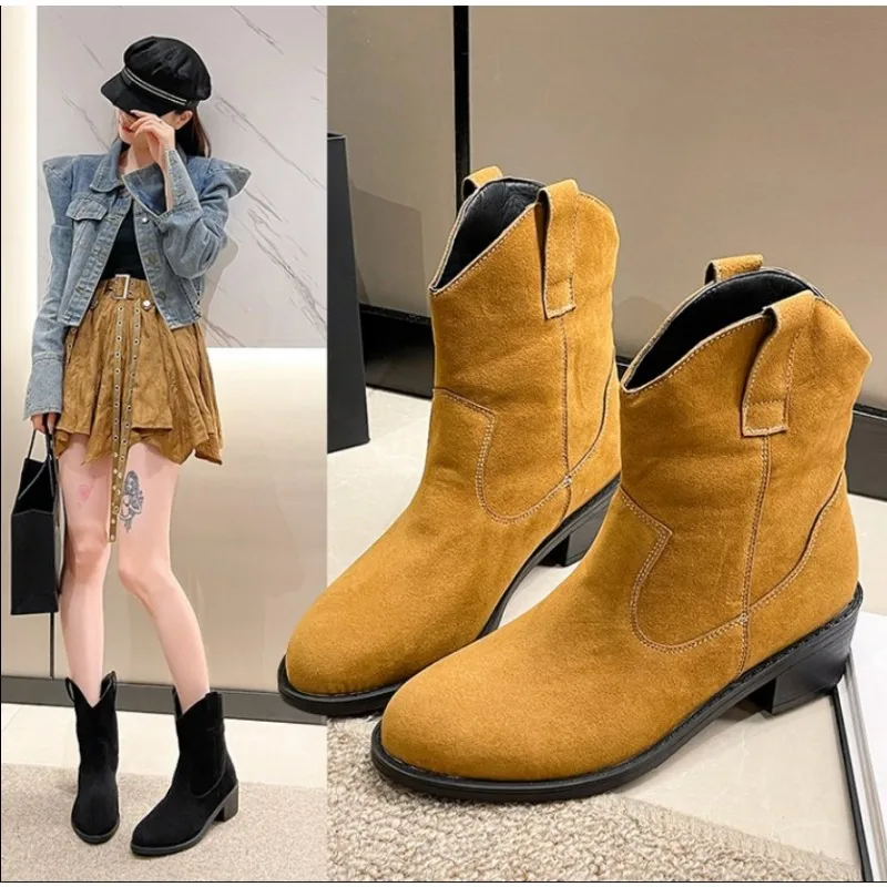 

Женские ботинки с круглым носком, однотонные зимние ботинки с коротким широким каблуком, 2024