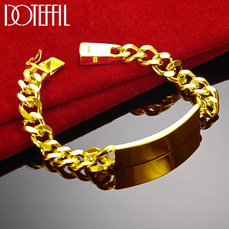 DOTEFFIL 925 Sterling Silver/24K Gold 10mm Smooth Sideways Bracelet For Men Woman Charm Wedding Engagement Party Fashion Jewelry