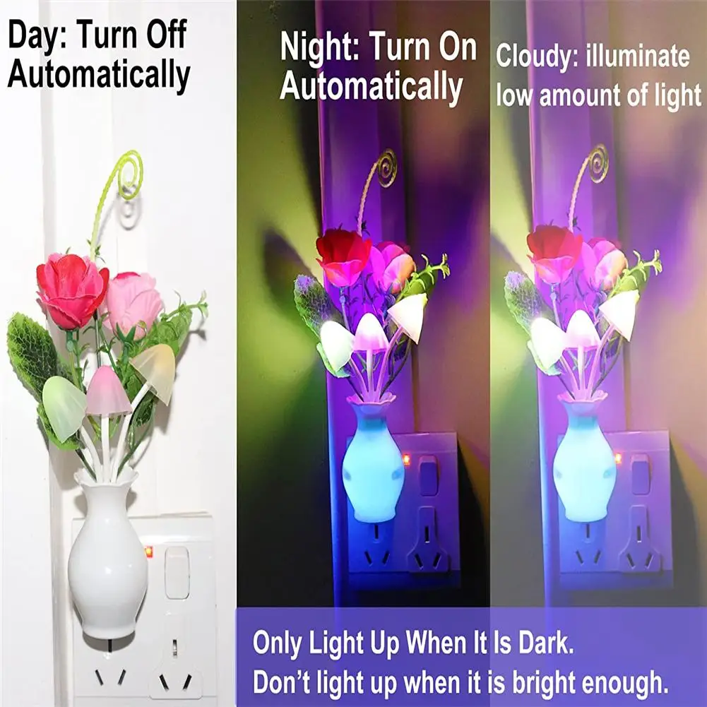 0.5W LED Night Light With Auto Sensor Energy Saving Rose Flower Mushroom Plug In Lamp For Bedroom Bathroom Living Room Kitchen 2