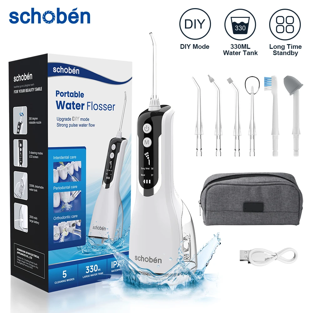 Schoben Portable Oral Irrigator USB Rechargeable Water Flosser Dental Water Jet 330ML Water Tank IPX7 Waterproof Teeth Cleaner portable oral irrigator water dental flosser water jet toothbrush nasal irrigator cleaner teeth oral hygiene