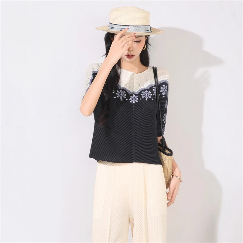 LANMREM Colorblock Printting Pleated Loose Women's T-Shirt Round Neck Casual Versatile Short Sleeve Elastic Pullover Top 2DB4506 - Image 3