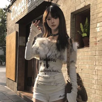 Deeptown Y2k Coquette Slash Neck Off Shoulder T-Shirts Women Vintage Letter Print Fur Patchwork Japanese 2000s Style Tees Slim 1