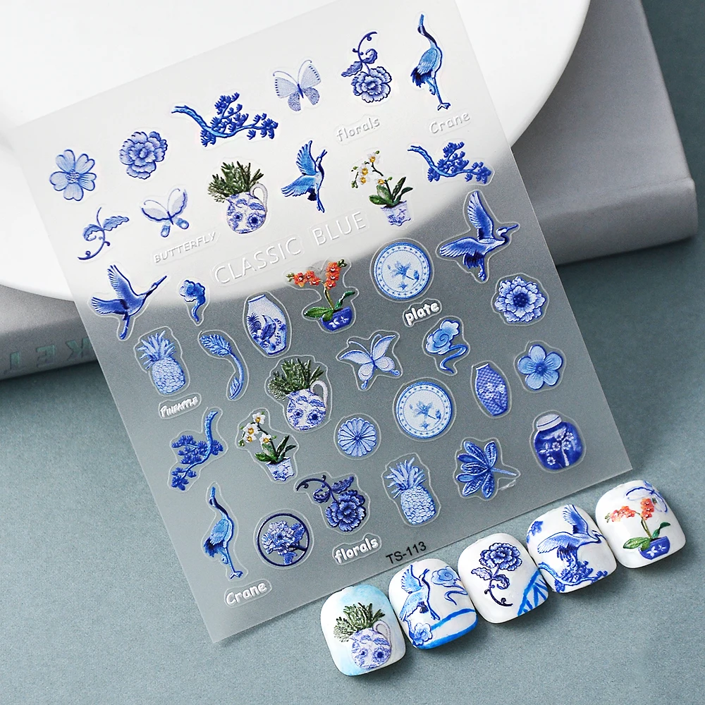 Classic Blue Foral Vase 5D Nail Sticker Embossed Engraved Decal Nail Supplies 5