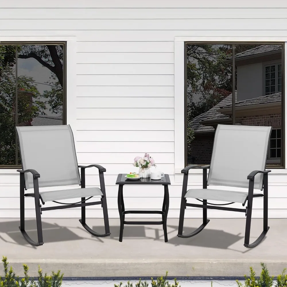 3 Piece Rocking Bistro Set, Outdoor Furniture with Rocker Chairs and Glass Coffee Table Set of 3, Balcony, Porch Furniture