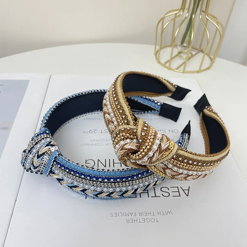 Boho Strass Kunst perle gestrickt Stirnband glänzende Pailletten Kopf Reifen elegante Haarschmuck für Frauen Mädchen breites Band – Detail 5
