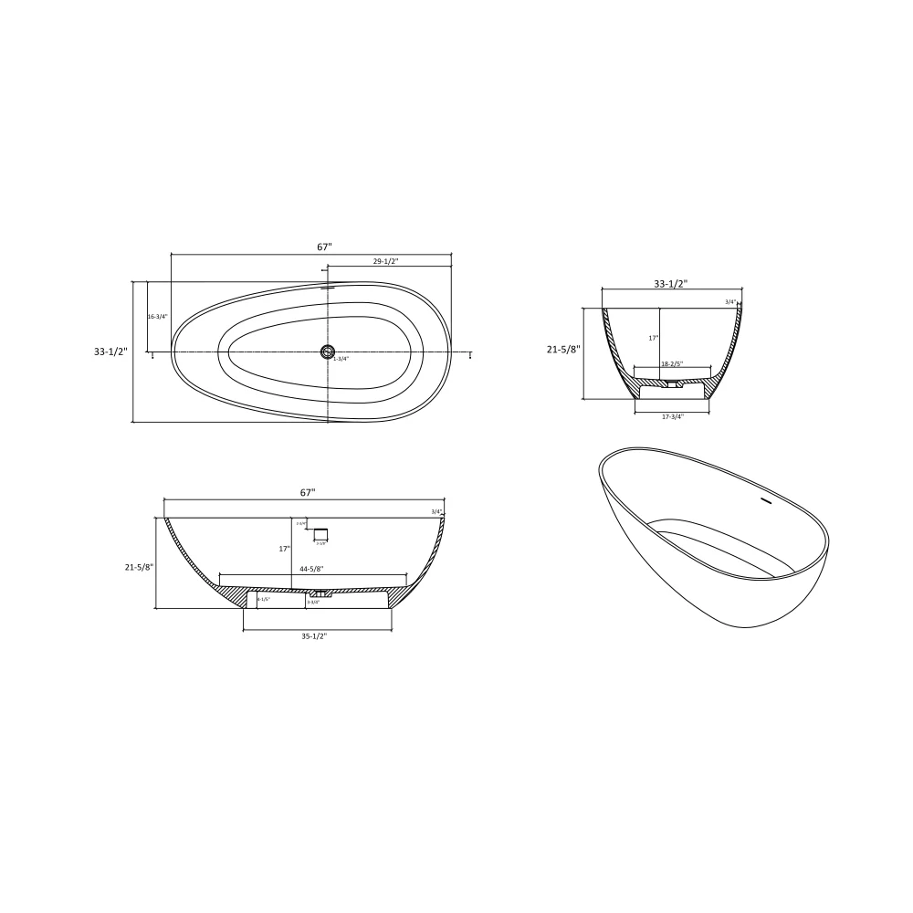 67" Freestanding Solid Surface Bathtub, Luxury Engineered Stone Resin Freestanding Soaking Bathtub with 3