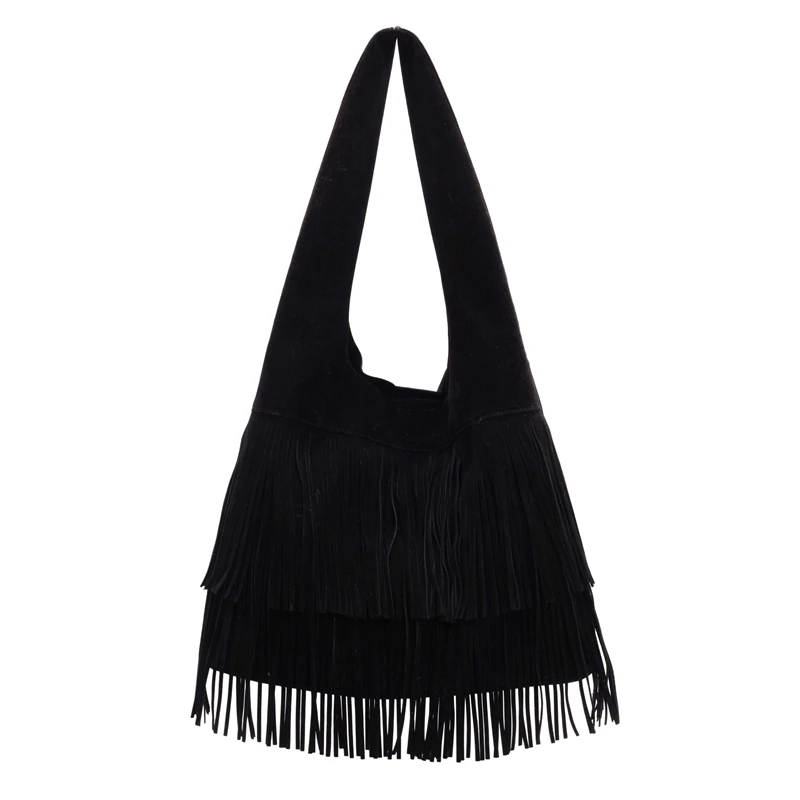 Women Frosted Slouchy Hobo Bag Faux Suede Fringe Underarm Bag Large Capacity Travel Tote Handbag Female Shopping Bag