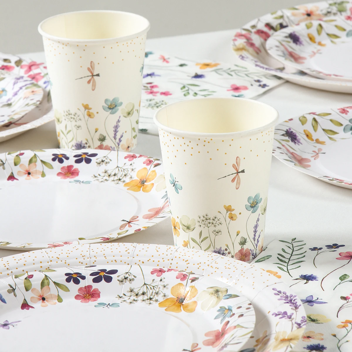 Spring Wildflower Party Tableware Set - Floral Disposable Plates, Cups & Tablecloth