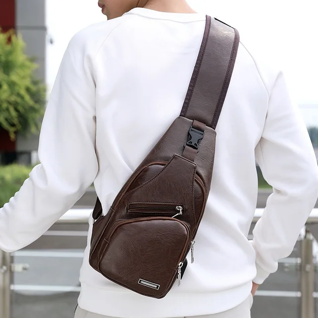 New New Leisure Men's Shoulder Bag Outdoor Sports USB Charging Chest Bag Men's PU Business Crossbody Bag 1
