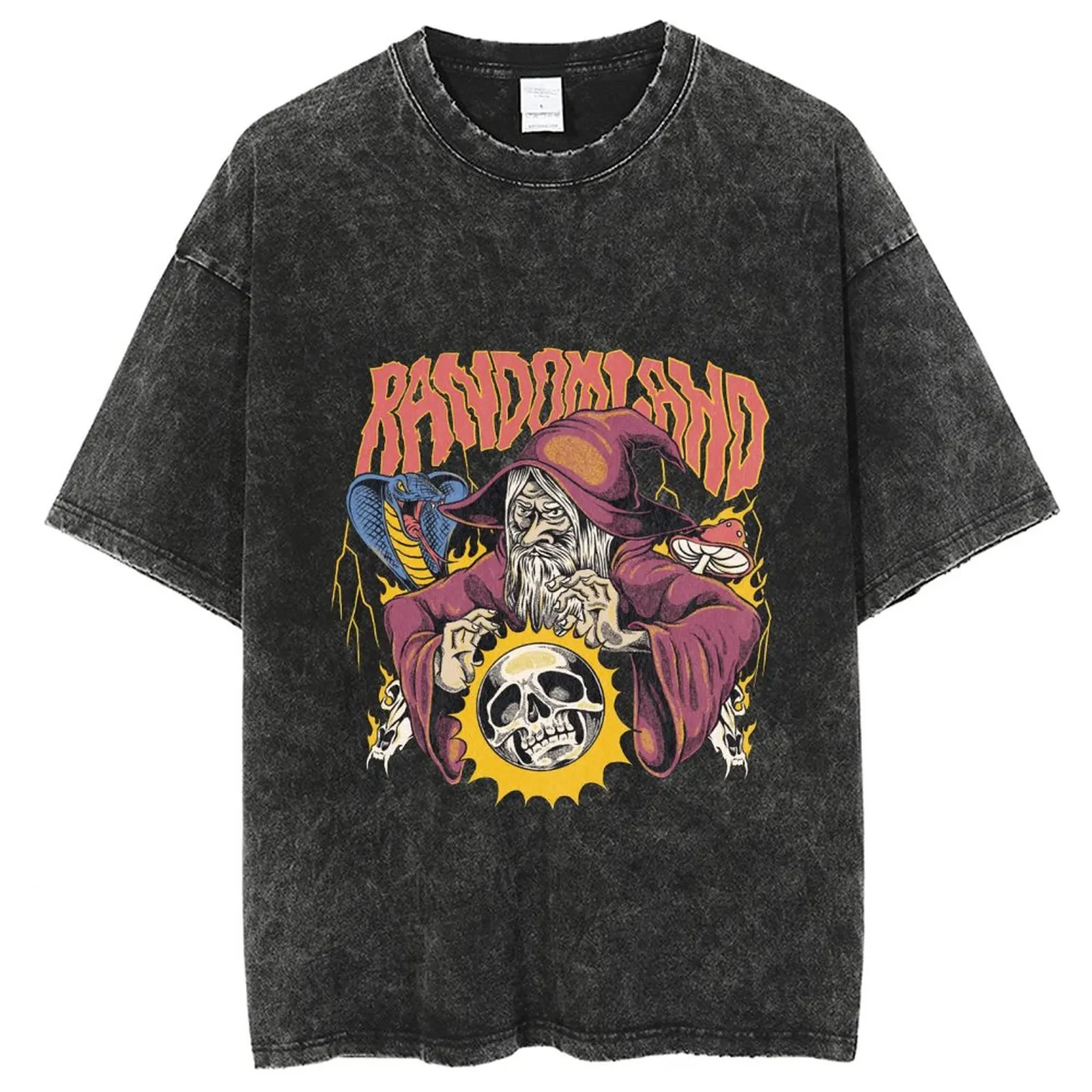 

Retro T-Shirt For Men, Washed Cotton Tees, Wizard Design Printed Streetwear, Y2K Unisex T Shirts, Harajuku Hip Hop Short Sleeve