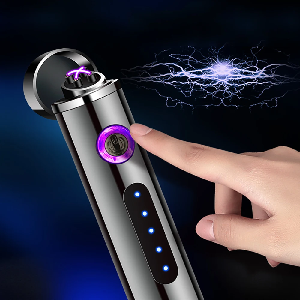 Ultra-thin Slender Lightning Electric Lighters Smoking Windproof Dual Arc Plasma Rechargeable USB Touch Lighter Smoke Accesoires