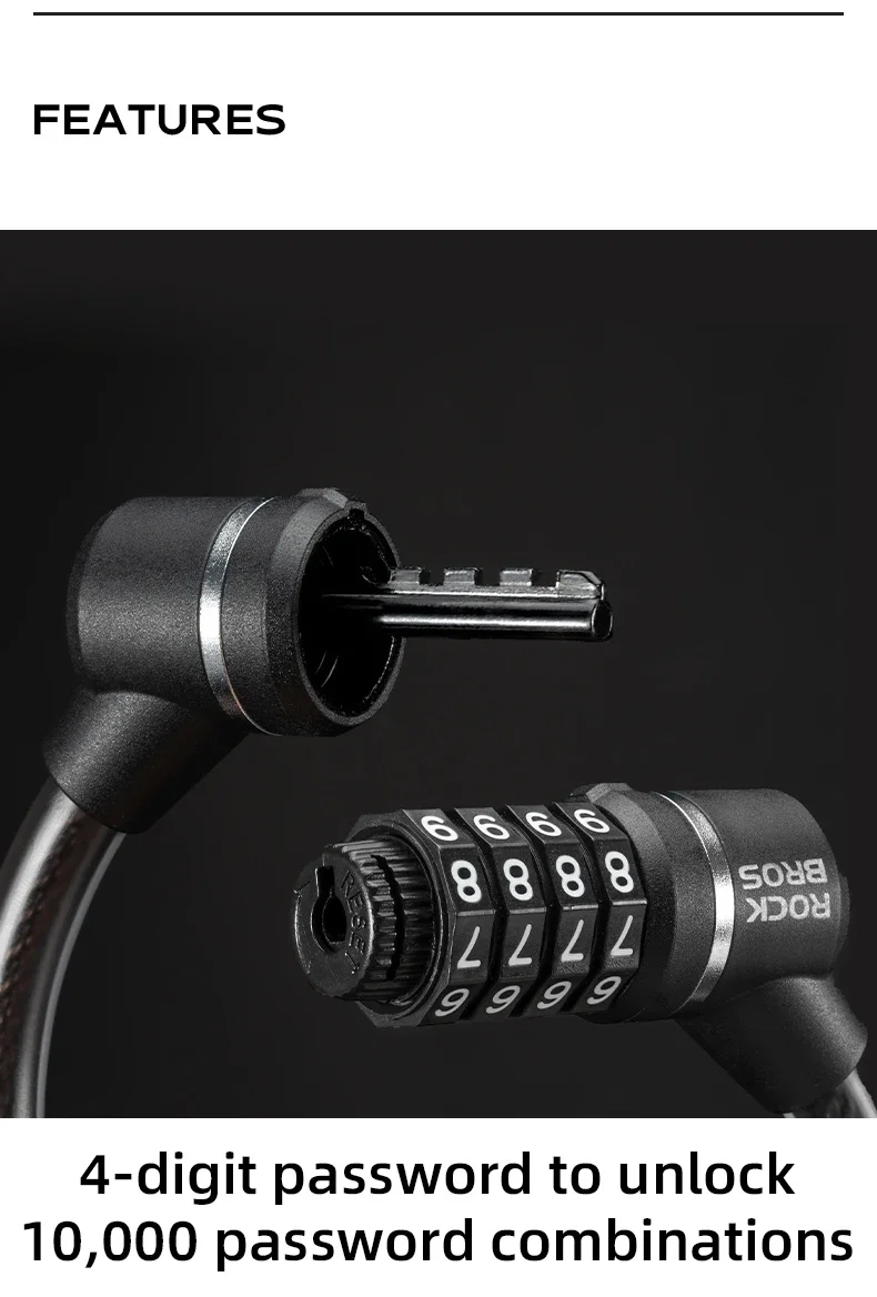 ROCKBROS Tragbares Fahrradschloss, ultraleichtes Stahlkabel-Fahrradschloss, 4-stelliges Passwort, PVC, wasserdichtes Stahl-Passwortschloss, MTB, Straße – Detail 4