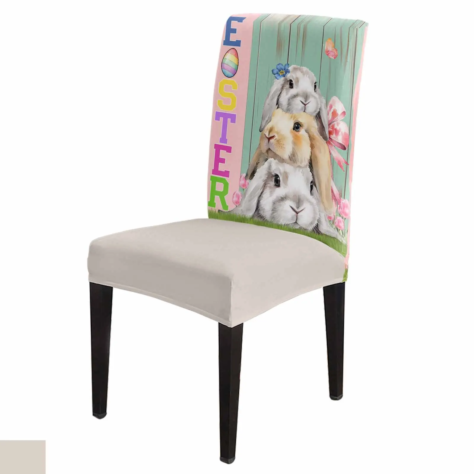 

Easter Rabbit Wood Grain Chair Cover Set Kitchen Stretch Spandex Seat Slipcover Home Decor Dining Room Seat Cover