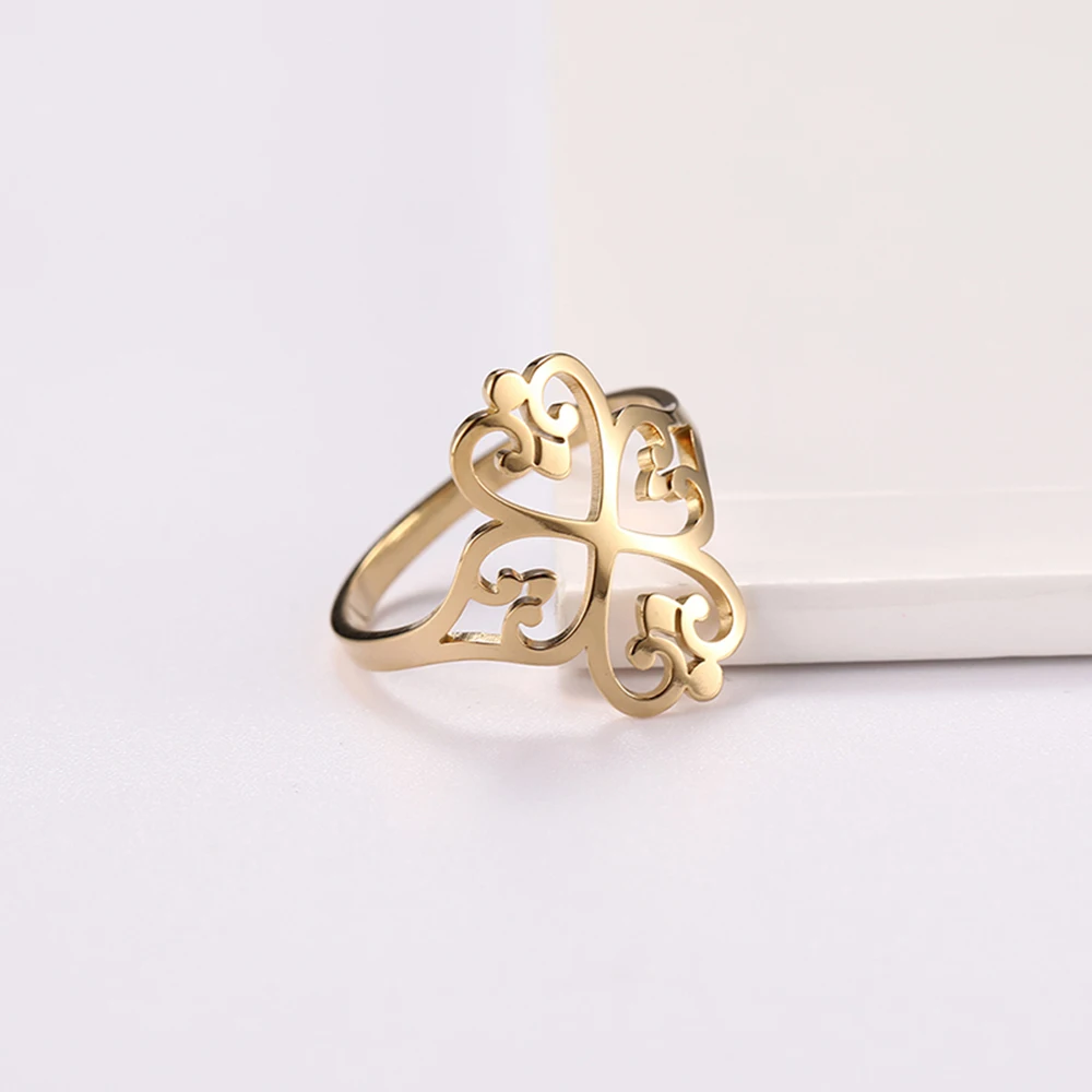 COOLTIME Geometrische filigrane Blumenringe für Frauen, Edelstahl, Vintage-Ring mit vierblättrigem Kleeblatt, Geburtstagsschmuck, Geschenk im Großhandel – Detail 12