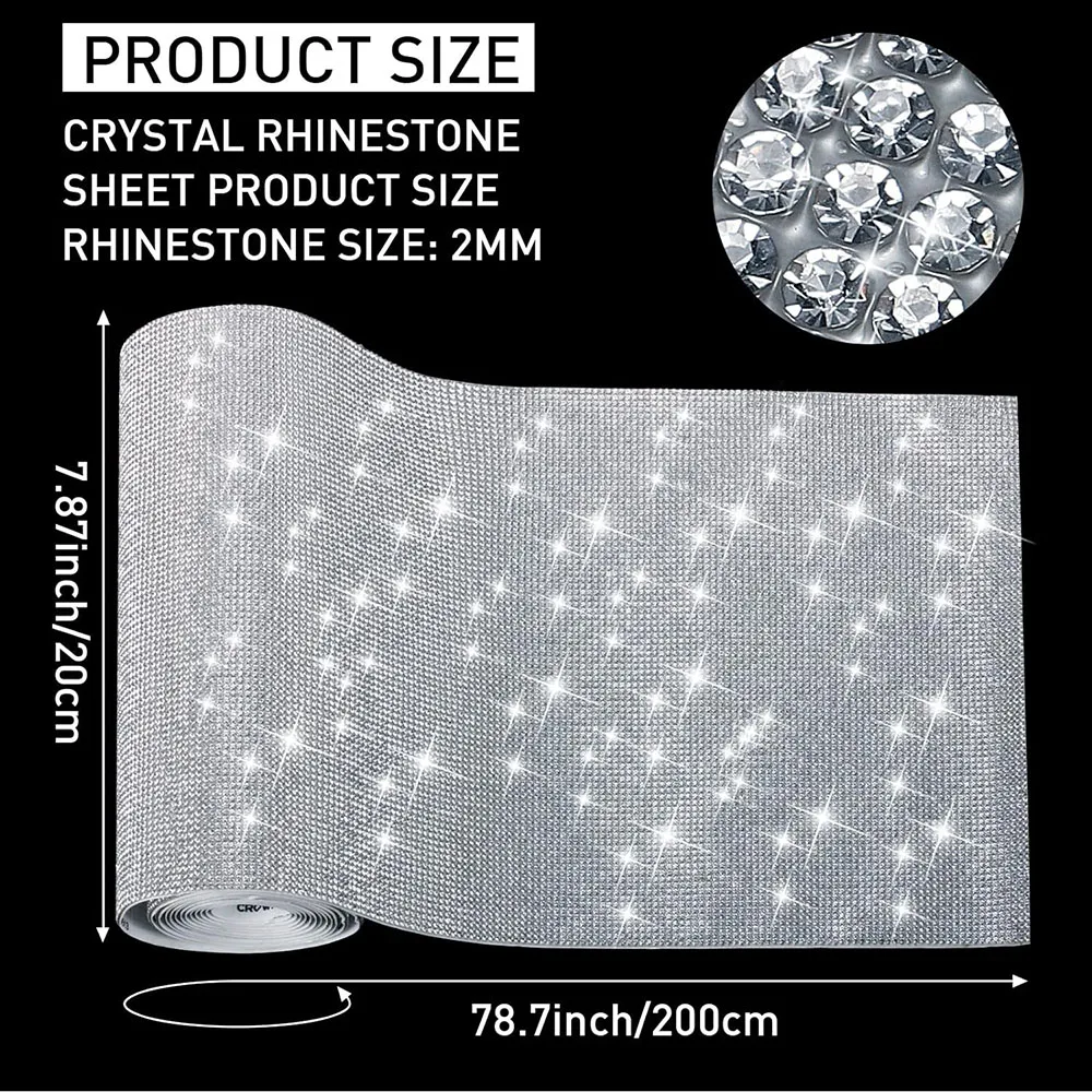 블링 크리스탈 라인석 시트 자체 접착 다이아몬드 보석 스티커, 자동차 장식 의류 DIY 공예, 2mm, 78.7x7.87 인치