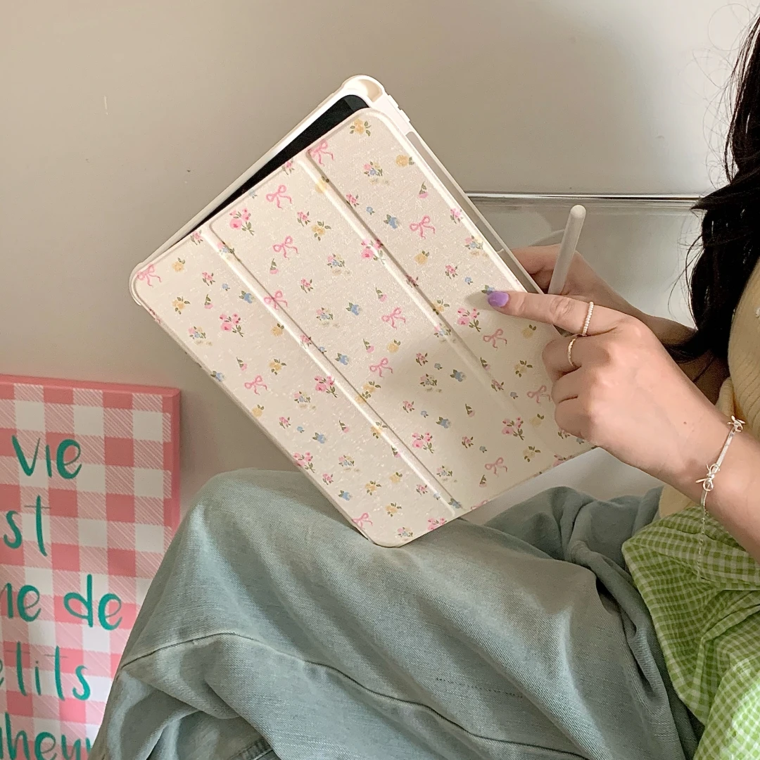 Bow Flowers Cover With Pencil Holder For iPad
