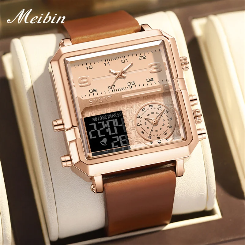 

MEIBIN New Square Big Dial Three Time Display Quartz Watch for Men Sports Leather Strap Luminous Mens Watches Top Brand Luxury