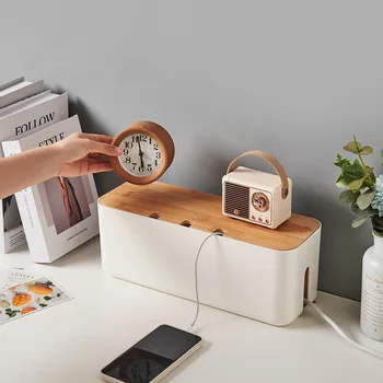 Boîte de gestion de câbles, couvercle en bambou, panneau de jonction de fil, boîte de rangement, cacher les fils, bandelettes électriques, étagère de bureau, boîtes d'organisation de maquillage 1
