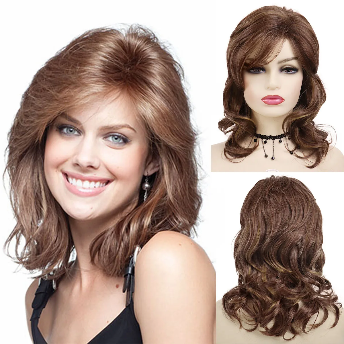 

GNIMEGIL Synthetic Brown Mix Blonde Highlight Wig Long Curly Hair Natural Wave Wig for Women Daily Halloween Party Regualr Wig