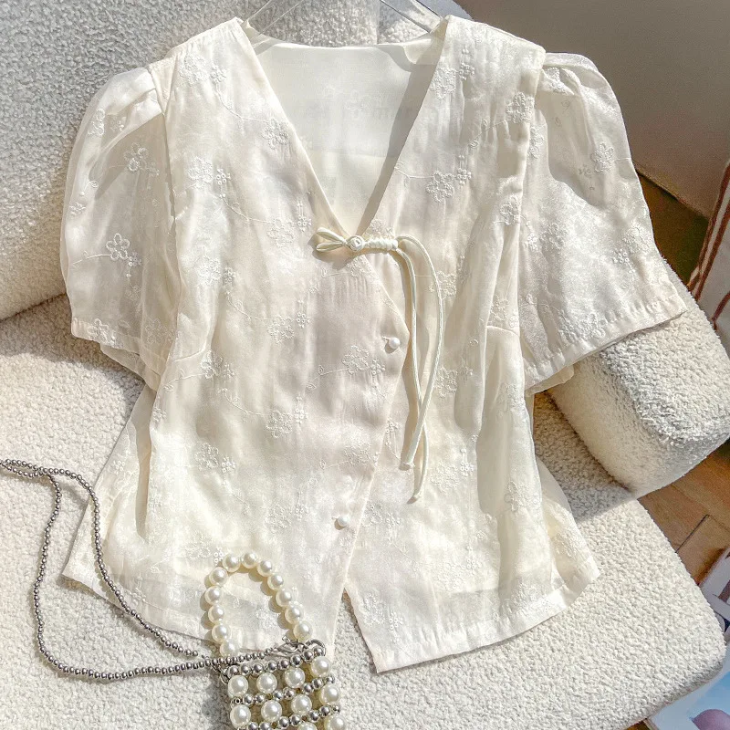 

Summer Big Size Women's New New Chinese Lace Daily Wear Top Female V-Neck Shirts Tops Style Short Sleeve Ladies Blouses Q362