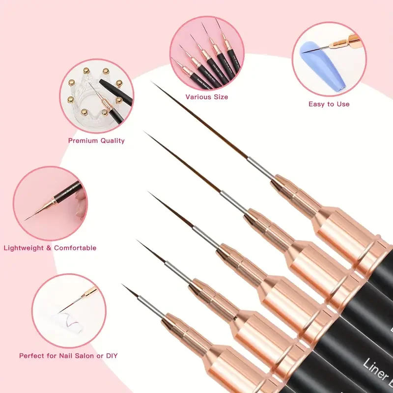 5pcs Black Nail Art Brush Pen Set Detail Striping Brush Fine Line Pen Floral Painting UV Gel Polish Painting Nail Art Tools