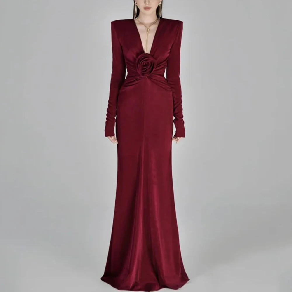 

Elegant Burgundy Evening Dress Deep V-Neck with Long Sleeves Straight Floor Length Women Custom Made Flower and Pleat Gowns
