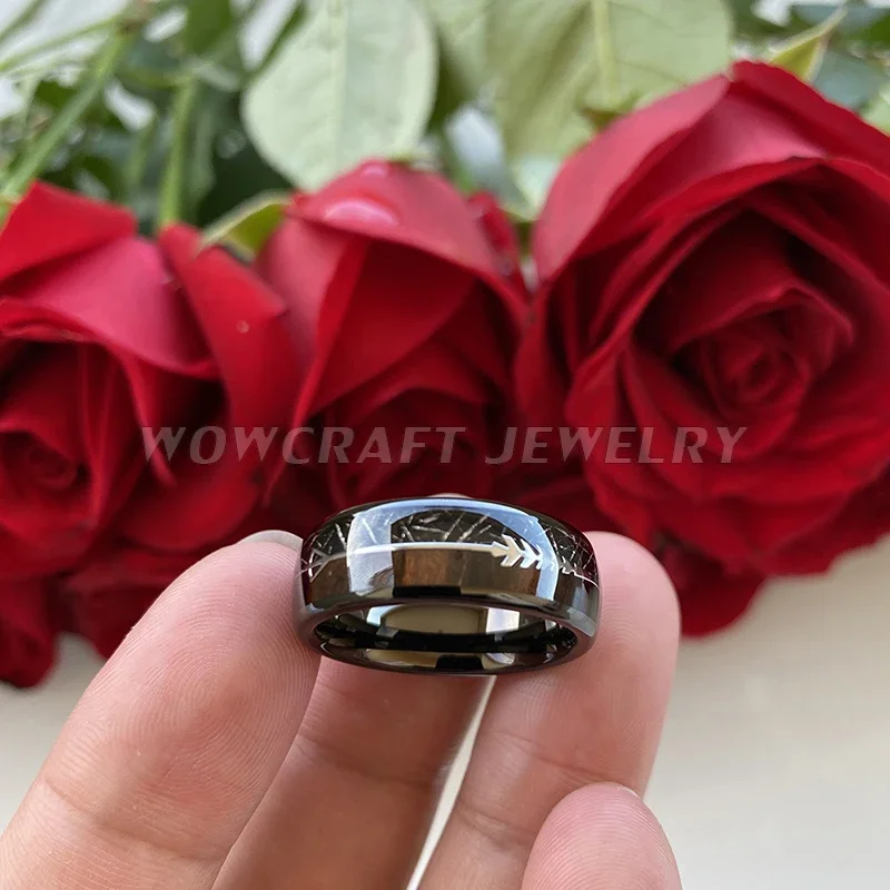 Black Meteorite Wood Steel Arrow Inlay Black Tungsten Carbide Ring Men Women Wedding Dome Band Comfort Fit Polished