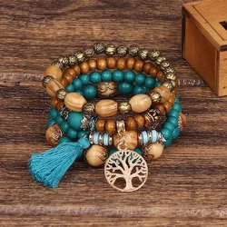 Boho Tree of Life Bracelet Set with Tassel Charms and Wooden Beads (6)