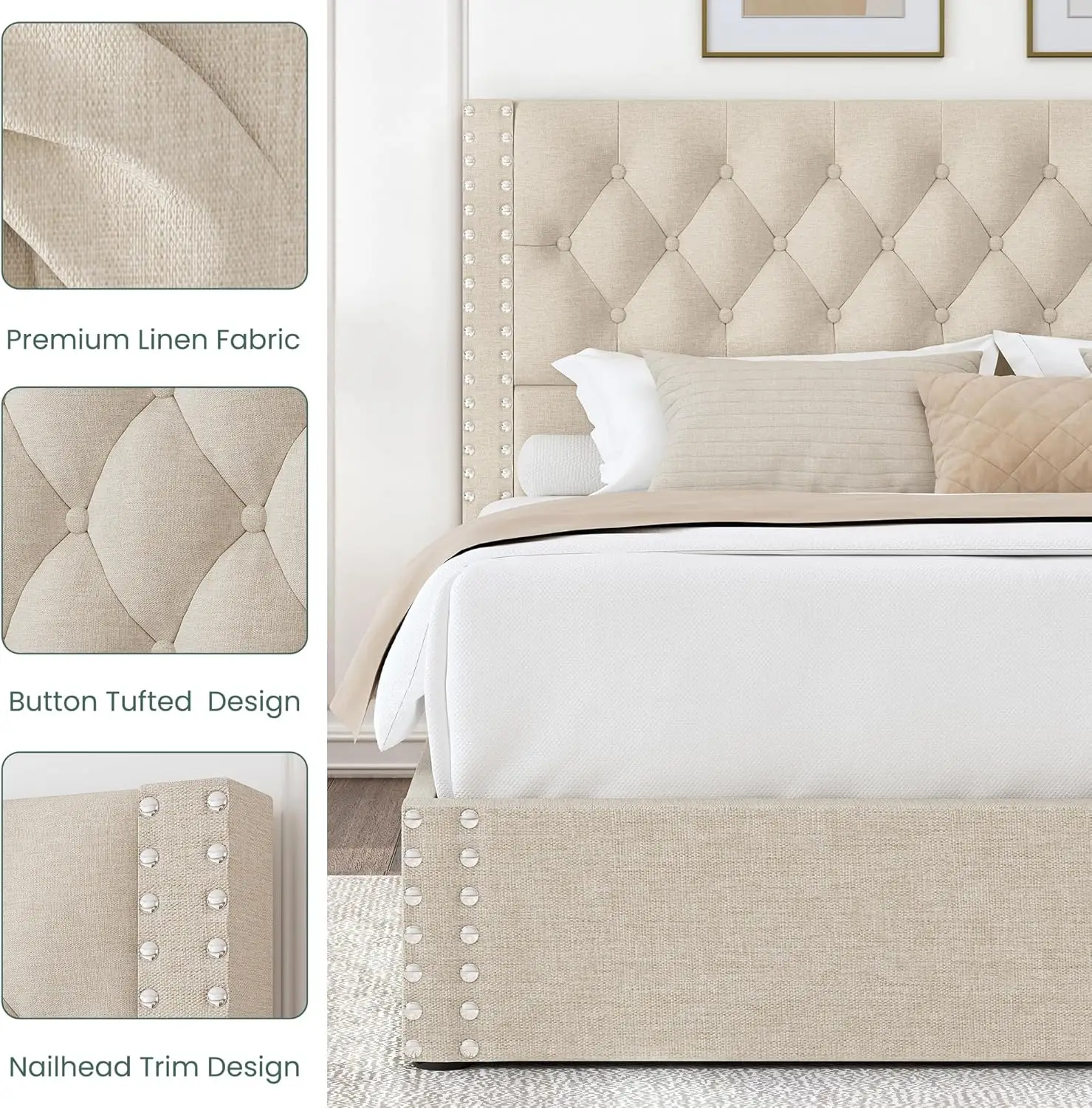King Size Platform Bed Frame with 4 Storage Drawers and Headboard Linen Upholstered Bed Frame Tufted Beds , Beige 5