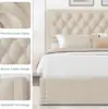 King Size Platform Bed Frame with 4 Storage Drawers and Headboard Linen Upholstered Bed Frame Tufted Beds , Beige 5
