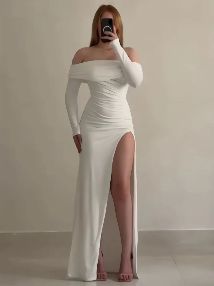 Spring and Summer New One-word Shoulder Long-sleeved Women's Dress Fashion Sexy Pleated Solid Color Split-end Long Evening Dress