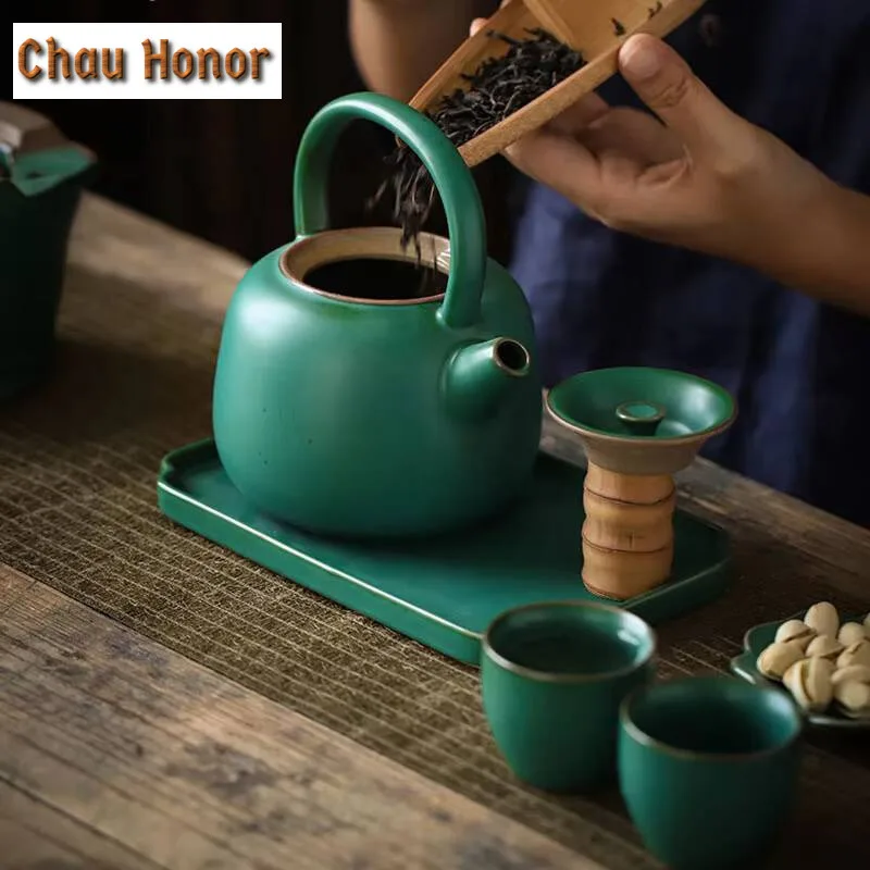 480ml Japanese Style Turquoise Coarse Ceramic Handle Beam Pot Large Household Kung Fu Tea Set Tea Ceremony Tea Making Pot Gift